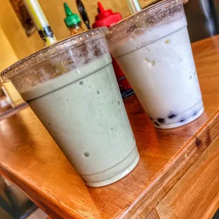 Avocado smoothie on left and lychee boba smoothie on right.  Both tasty!