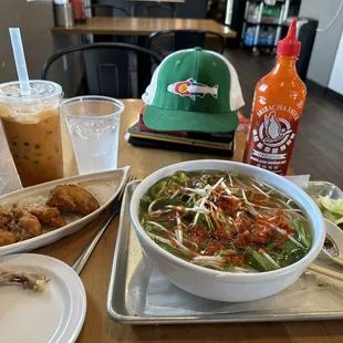 Chicken Wing(5) &amp; Large Chicken Pho, Thai Tea Milk Tea Boba and they even have goo tasting sriracha