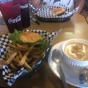 Crab cake sandwich and cream of crab with shrimp soup.