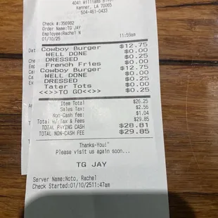 Receipt .25 on a Togo order as well as to dress your burger