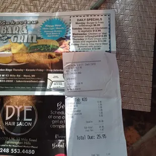the receipt for the restaurant