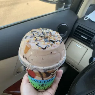Snickers shake .. you can get it without the toppings to be more health conscious!