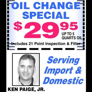 Oil change special for most import and domestic vehicles
