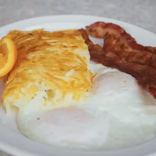 eggs, bacon, and hash browns