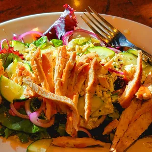 Artistic view of Mediterranean Salad. This is really good, big enough to share.