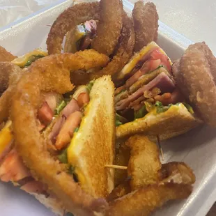 Club Sandwhich and Onion Rings