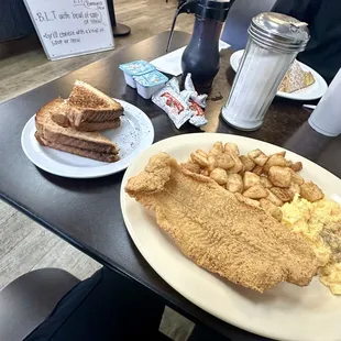 Catfish, cheese eggs, potatoes &amp; toast