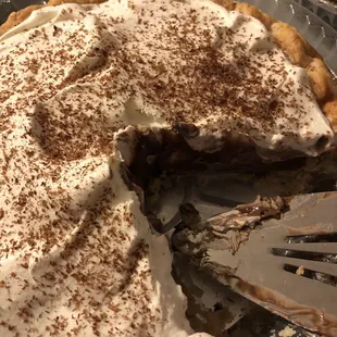 Chocolate cream pie by Cherie's Pies. :)   Sold at Lakewood Meat Butcher shop.
