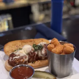 Meatball Sandwich and Tater Tots