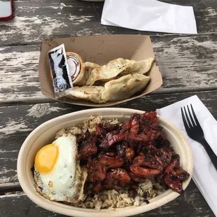 Parilya chicken tocino and pot stickers.