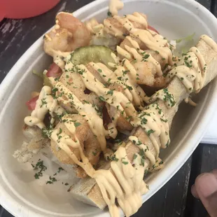 Shrimp Po' Boy Sandwich with remoulade sauce ($13 as of 30 May 2022).