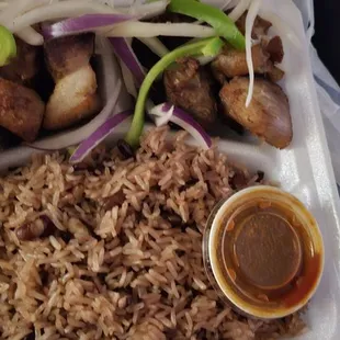 Griot (fried pork), rice, and beans