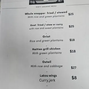 Soft opening menu.