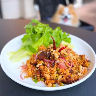 Nam Khao: Crispy rice, lime dressing, ginger, dried chili, red onion, peanut, mint, cilantro, ground pork, fermented sausage | $18.95
