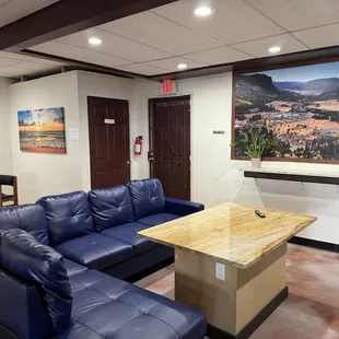 Seating area near a large screen television.