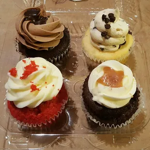 Red velvet, chocolate, cookie dough, caramel