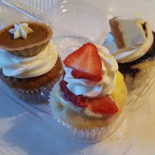 Pumpkin pie, strawberry custard, blueberry cheesecake