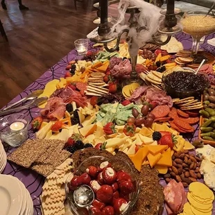 a dog sitting on a table full of food