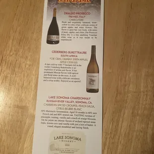 a menu for a wine dinner