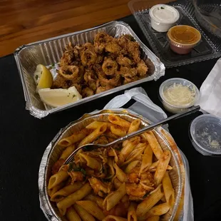 Calamar fritto, shrimp penne pasta