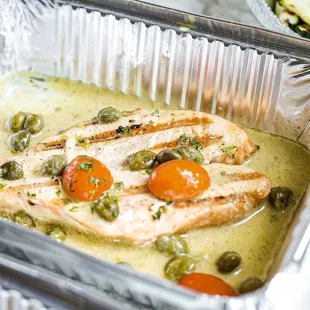 5oz salmon with lemon capers dijon sauce  IG: @huangryfoodie