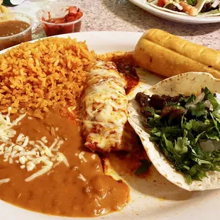 Chicken Chimi, Steak Taco, Chicken Enchilada with rice and beans