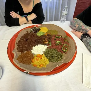 Combo (veg meat)  platter, also Kitfo , Key Wat we added onto the combo