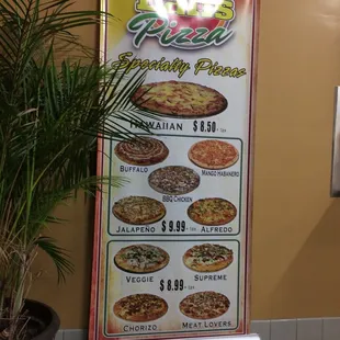 a menu for a variety of pizzas