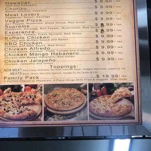 a menu for a variety of pizzas