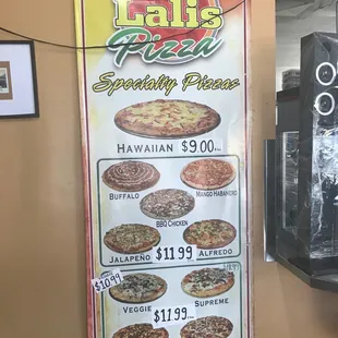a menu for a variety of pizzas