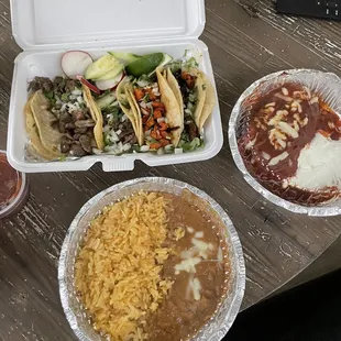 Tacos, rice and beans, chile relleno