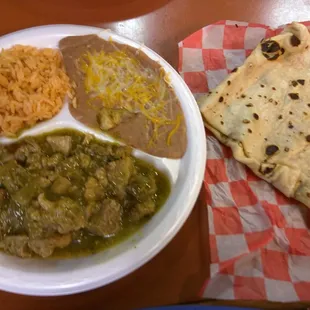The green chili pork plate.
