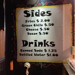 Sides and drinks as of 7/27/2021