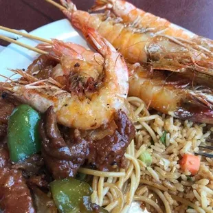 Noodles, beef and broccoli , brown rice and grilled shrimp