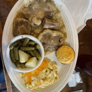 Ox tails, green beans mac &amp; cheese and cornbread