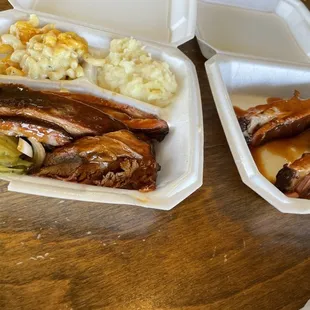 Ribs, brisket, mac and cheese, and mashed potatoes