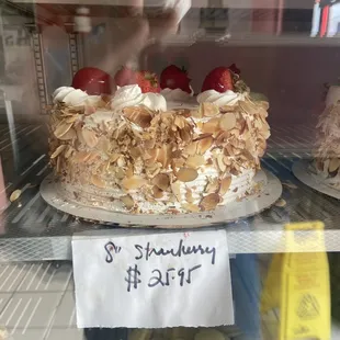 a cake in a display case