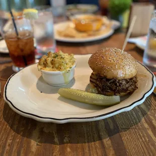 BBQ Chopped Beef Brisket Sandwich with Baked Mac and Cheese.