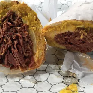 Outstanding hot pastrami with cheese ,mustard Two meals