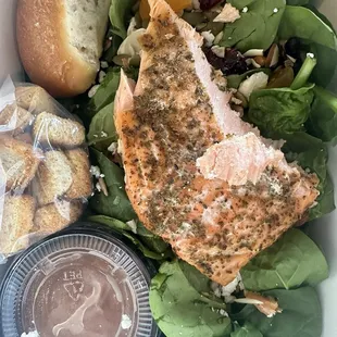 Large Spinach Salad with salmon and balsamic vinaigrette