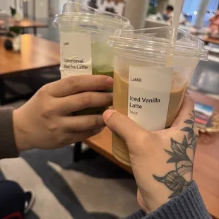 Matcha latte and vanilla latte