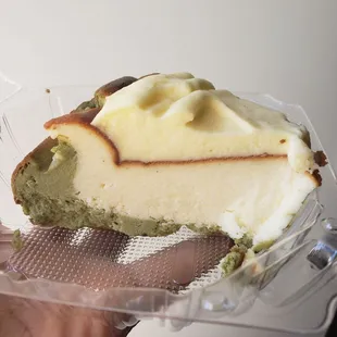 Basque-style cheesecake is crustless and lighter in texture over the New York variety. Pictured: vanilla matcha.