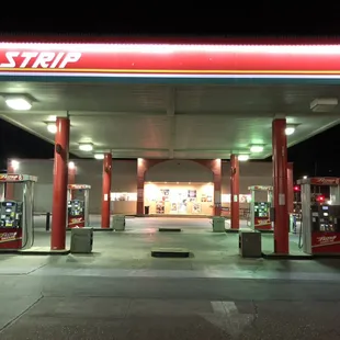 a gas station at night