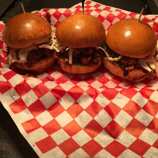 Pulled pork sliders.  Actual smoked pork shoulder.