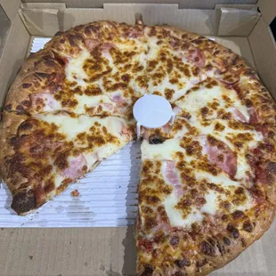 Medium Canadian bacon and extra cheese pizza (my kids usually only eat cheese, but will have the Canadian bacon from Lamppost).