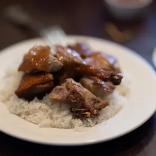 a plate of meat and rice