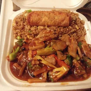 Beef Hunan,  Fried Rice,  Egg Roll Combo plate.