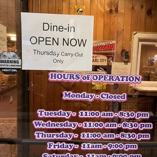 Dine-in open now, Thursday carry-out only.