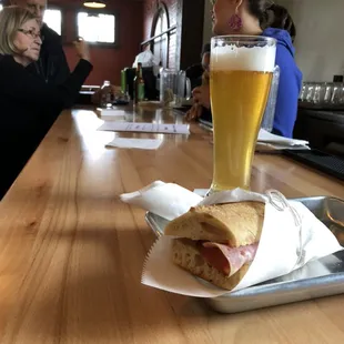 Parisian style ham &amp; cheese baguette with Pilsner