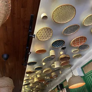 baskets hanging from the ceiling